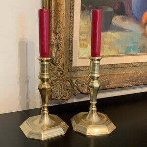 Vintage Candlestick Holders Solid Brass 7" Tall Octagon Base Taper Set of 2